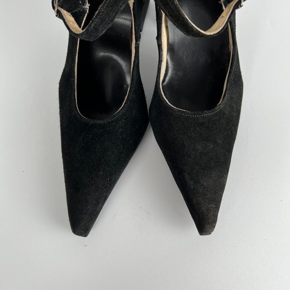 John Fluevog Suede Leather Pointed Square Toe Chunky Curve Heel Mary Jane Witchy - Picture 3 of 8